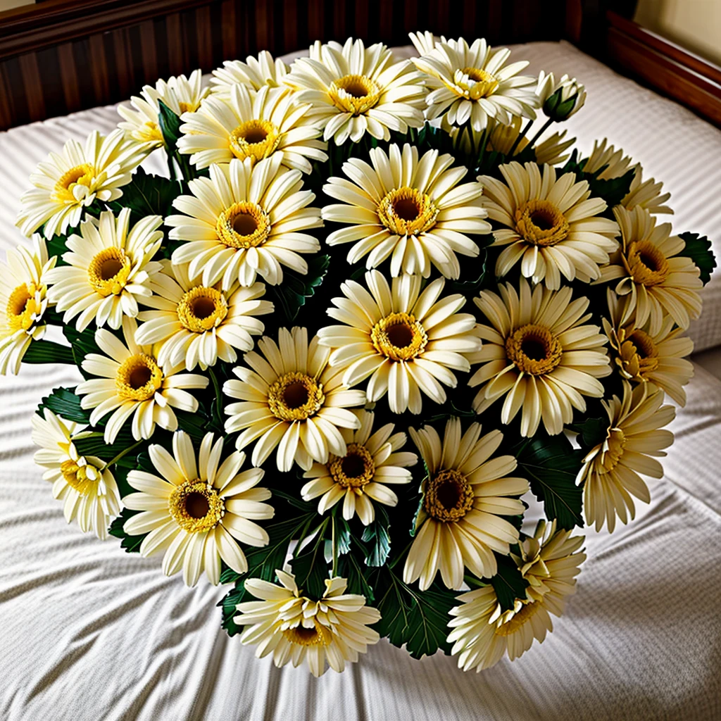 masterpiece, maximum resolution, Realism of photography, bouquet of large lush dazzling white chrysanthemums 11 pieces, detailed drawing of elements, on a soft bed background