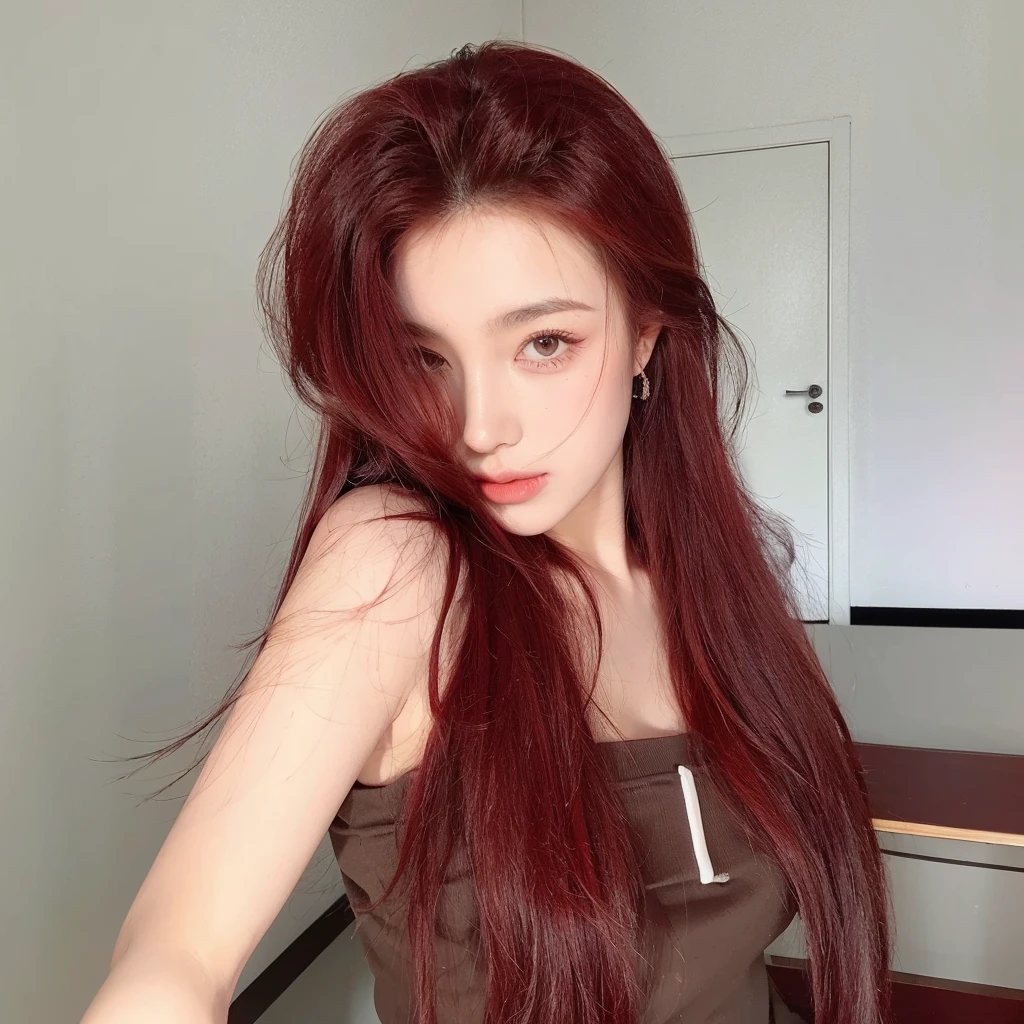 Red long straight hair,Middle-parted bangs and long straight hair,The background wall is simple and clean,Natural and beautiful hair,uniform hair color