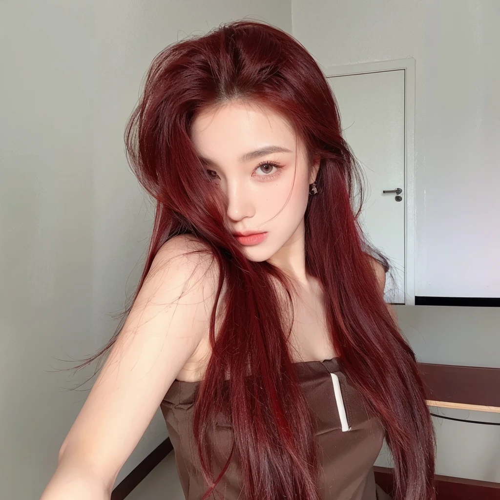 Red long straight hair,Middle-parted bangs and long straight hair,The background wall is simple and clean,Natural and beautiful hair,uniform hair color