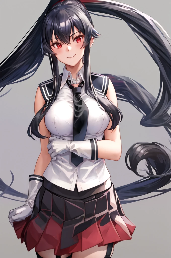 best quality, masterpiece, highres, solo, {yahagi_kantaicollection:1.15}, long_hair, black_hair, ponytail, red_eyes, sidelocks, breasts, hair_between_eyes, large_breasts, 1girl, anchor_symbol, gloves, looking_at_viewer, pleated_skirt, red_skirt, sailor_collar, school_uniform, serafuku, shirt, skirt, sleeveless, sleeveless_shirt, smile, white_gloves, black_sailor_collar, necktie