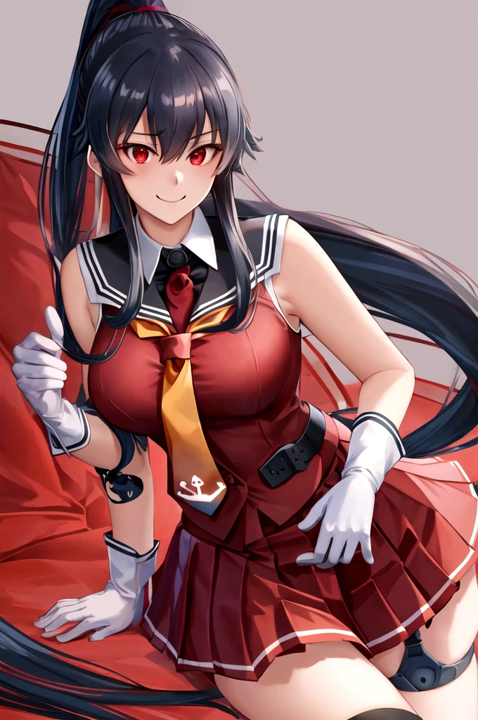 best quality, masterpiece, highres, solo, {yahagi_kantaicollection:1.15}, long_hair, black_hair, ponytail, red_eyes, sidelocks, breasts, hair_between_eyes, large_breasts, 1girl, anchor_symbol, gloves, looking_at_viewer, pleated_skirt, red_skirt, sailor_collar, school_uniform, serafuku, shirt, skirt, sleeveless, sleeveless_shirt, smile, white_gloves, black_sailor_collar, necktie