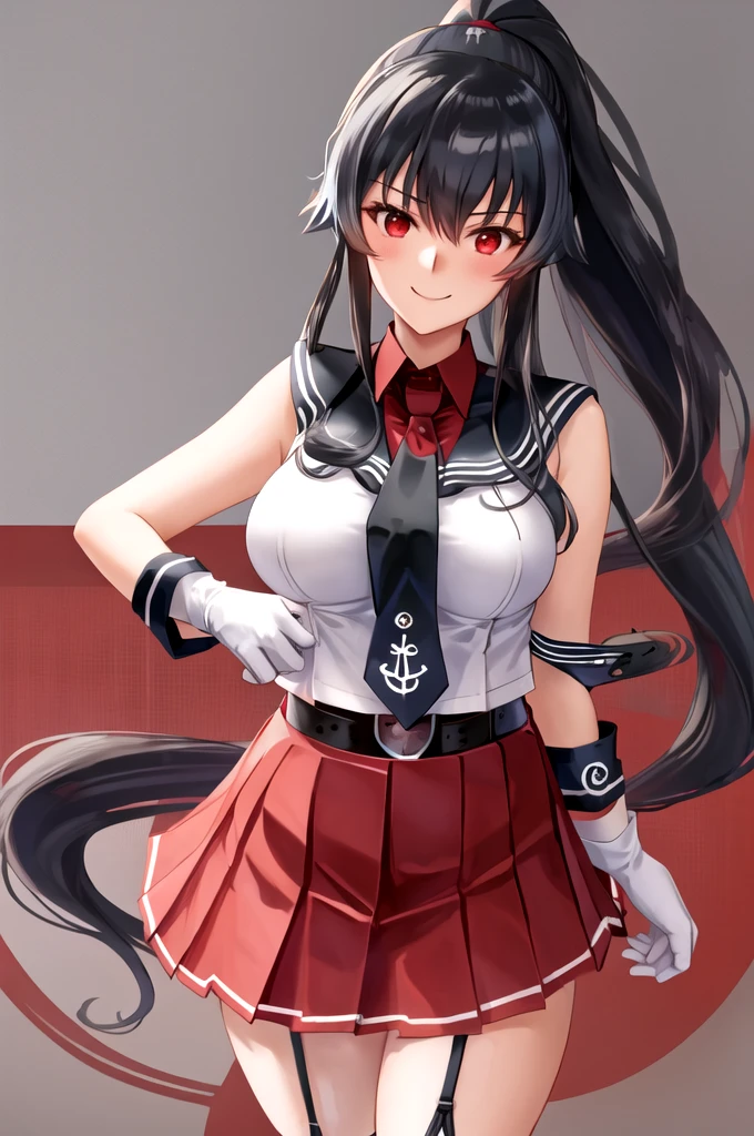 best quality, masterpiece, highres, solo, {yahagi_kantaicollection:1.15}, long_hair, black_hair, ponytail, red_eyes, sidelocks, breasts, hair_between_eyes, large_breasts, 1girl, anchor_symbol, gloves, looking_at_viewer, pleated_skirt, red_skirt, sailor_collar, school_uniform, serafuku, shirt, skirt, sleeveless, sleeveless_shirt, smile, white_gloves, black_sailor_collar, necktie