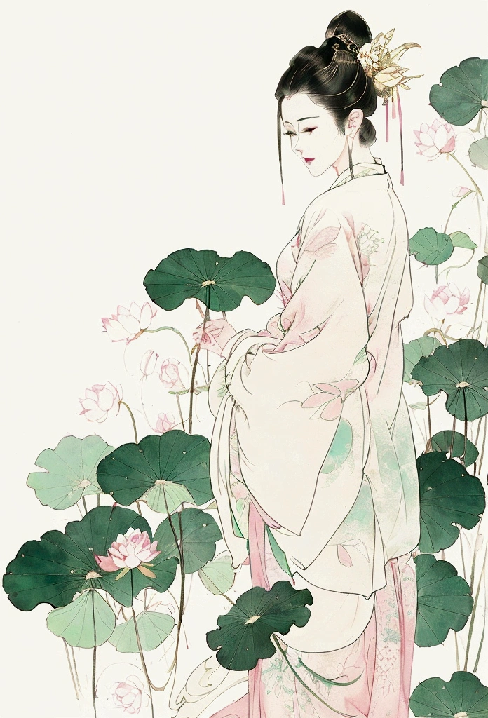 Ink and brushwork style,Lotus,Lotus Leaf,Pink and green color scheme,Simple lines,Hand Painted,HD details,White background,Painting on rice paper,HD 8k