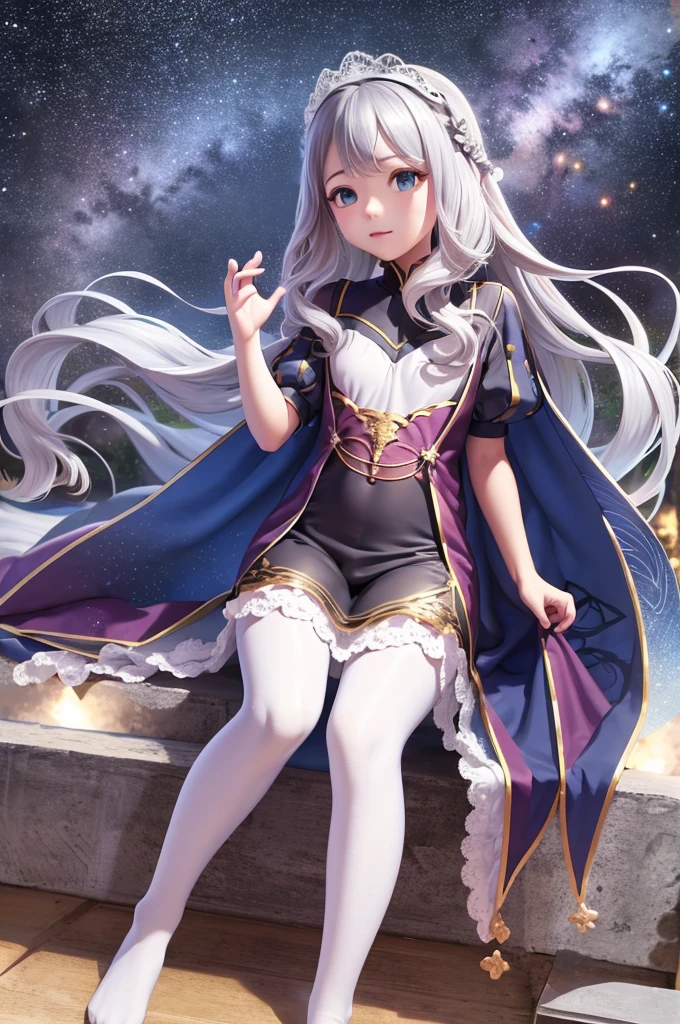 Little ,masterpiece, high resolution, best quality, Very detailed,wallpaper,Space starry sky background,Cute and cute,A body made of white jade,Silver long hair,Height one meter five,V-shaped jumpsuit,Full body picture,No shoes,Very small feet,Feet made of white jade,Reproduction,Lace pantyhose