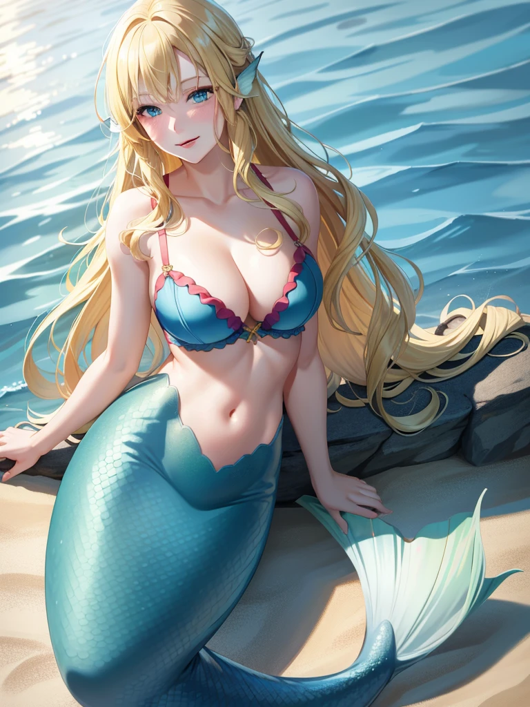 mermaid, blonde hair, long hair, wavy hair, blue eyes, red lips, smile, blush, large breasts, bra, underwater, green mermaid, mermaid tail, 