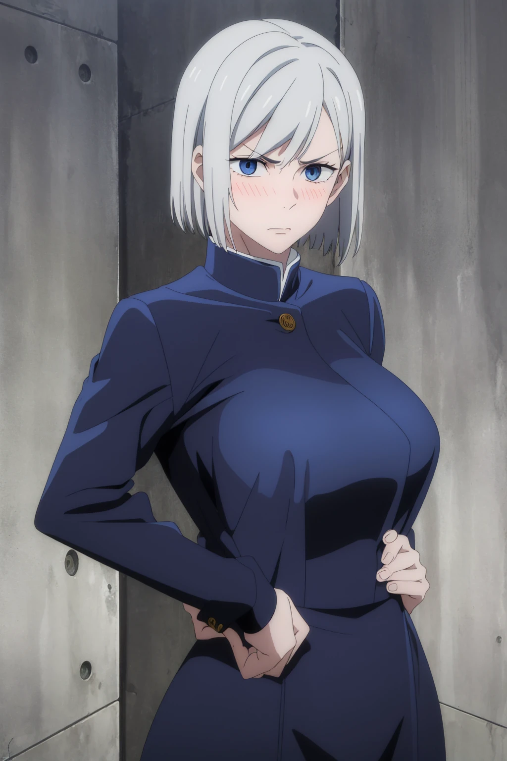 (masterpiece), (best quality), (ultra-detailed), (best illustration), (best shadow), (absurdres), nobarakugisakinova, short hair, white hair, ((blue eyes)), kugisaki nobara, , 1girl, solo, jacket, bangs, gakuran, closed mouth, long sleeves, looking at viewer, upper body, (((large breasts))), ((blushing)), Hourglass body, thin waist, very thin waist, hands on hips, angry, front view,