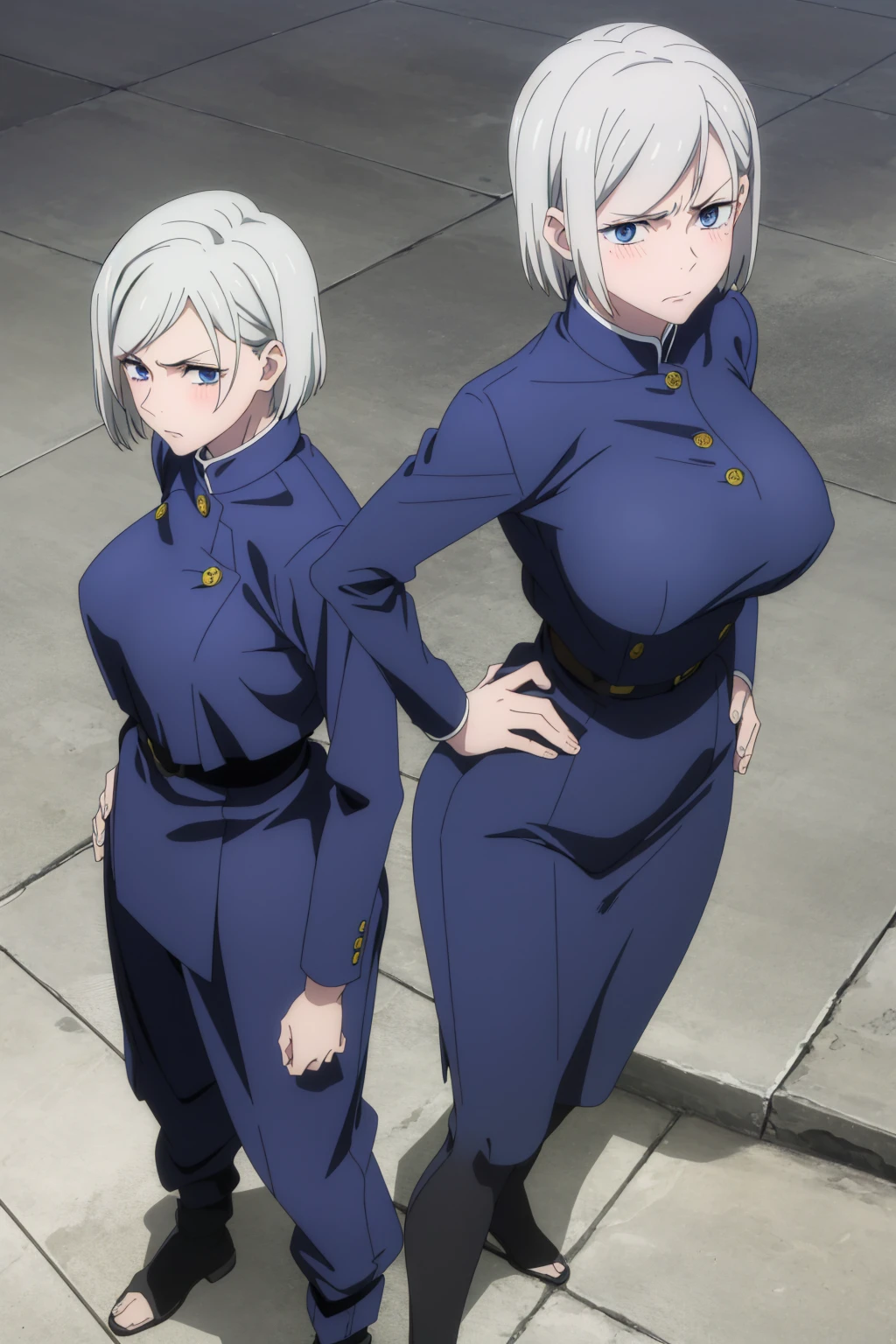(masterpiece), (best quality), (ultra-detailed), (best illustration), (best shadow), (absurdres), nobarakugisakinova, short hair, white hair, ((blue eyes)), kugisaki nobara, , 1girl, solo, jacket, bangs, gakuran, closed mouth, long sleeves, looking at viewer, upper body, (((large breasts))), ((blushing)), Hourglass body, thin waist, very thin waist, hands on hips, angry, front view,