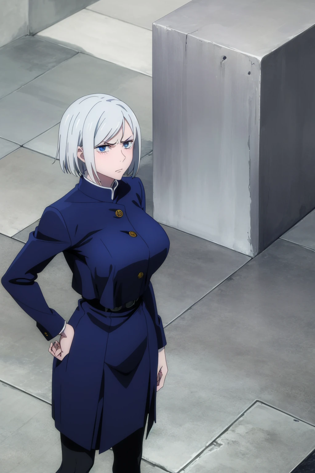 (masterpiece), (best quality), (ultra-detailed), (best illustration), (best shadow), (absurdres), nobarakugisakinova, short hair, white hair, ((blue eyes)), kugisaki nobara, , 1girl, solo, jacket, bangs, gakuran, closed mouth, long sleeves, looking at viewer, upper body, (((large breasts))), ((blushing)), Hourglass body, thin waist, very thin waist, hands on hips, angry, front view,