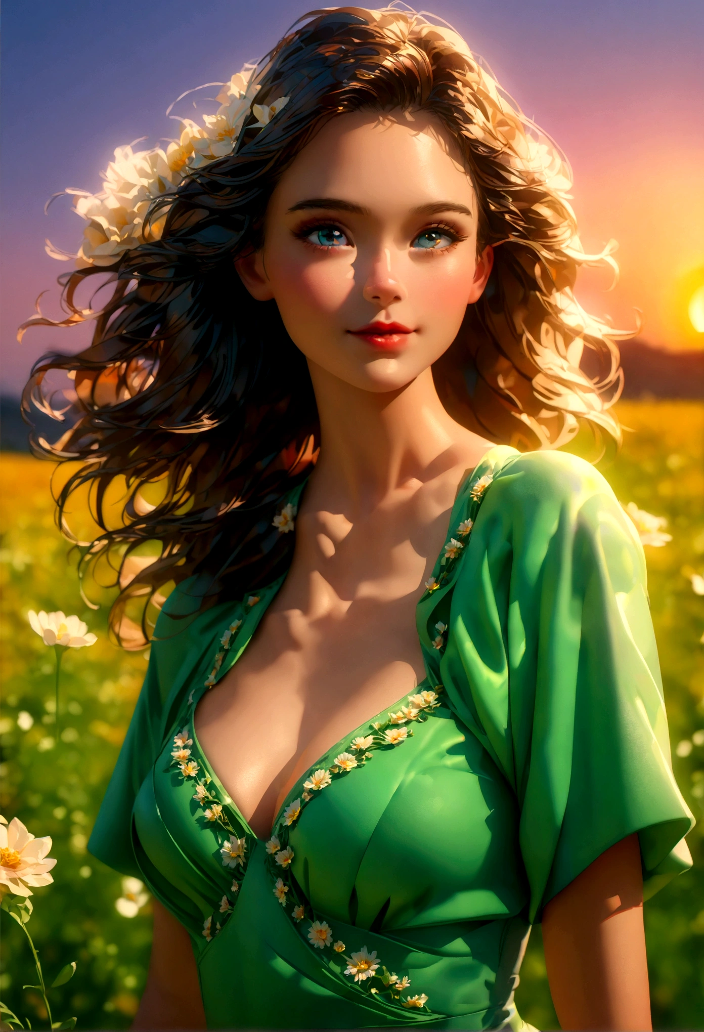 (best qualityer,4K,8K,high resolution, work of art:1.2),ultra detali,(best qualityer,realisitic:1.2), Adorable woman, pretty, short clothing, flower field, portraite, Standing in an s-shape, Green washers, sexy chest, thick-thighs, 4K , ótimos details e cores, SUNSET, Lancer, cheerfulness, Beauthfull, harmony, portraite, soft lighting, swirly vibrant colors, hdr, 8K, absurderes, Cinemastill 800, sharp focus, adicionar_detail:2, ultra HD | | | ((half-body shot)) adicionar_detail:2 (1womanl, standing alone)