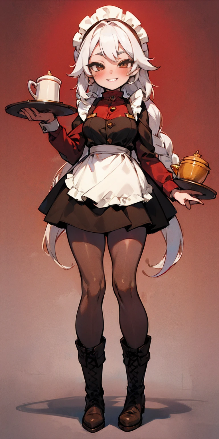 full body standing straight symmetrical, lustful smirking smile face red blush red cheeks, looking at viewer, holding tray, braid, maid headdress, maid, dress, apron, long sleeves, brown pantyhose, long leather militar boots, thighs, long white hair, masterpiece