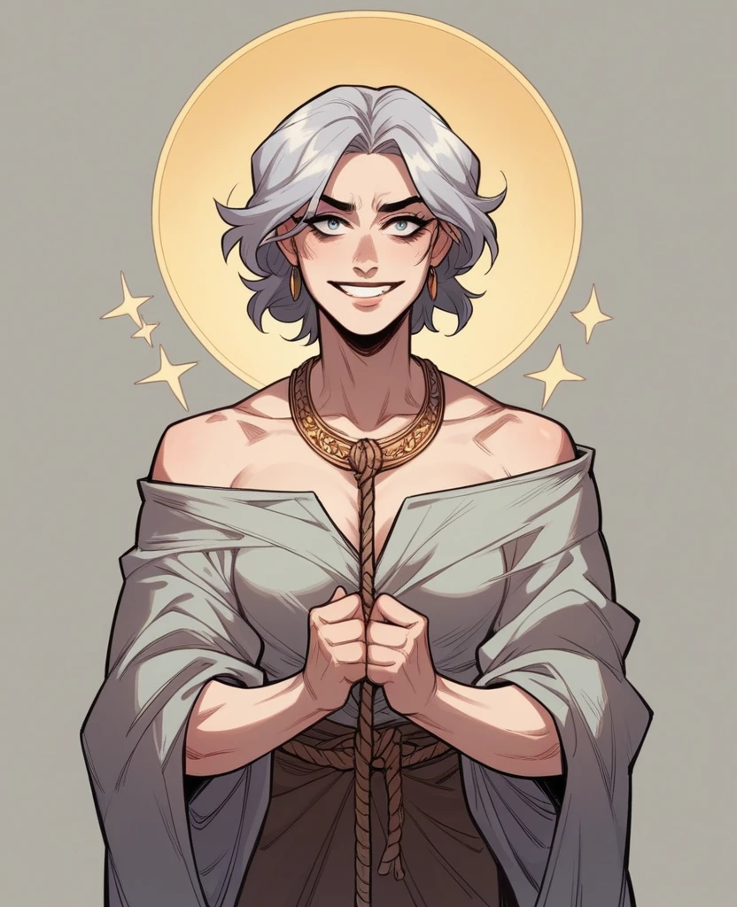 Her sparkling whitish-silver hair, tinged in just the right hues of light gray, seemed to quite literally shine under the presence of light and her innocent smile gave him a warm feeling.
She was wearing something of the likes of a Greek robe or a robe of the olden times. The robes covered her whole body, it was that sort of rope after all. But they were so tight that it seemed they were struggling to maintain their purpose, not really being able to contain those explosive curves of hers.
