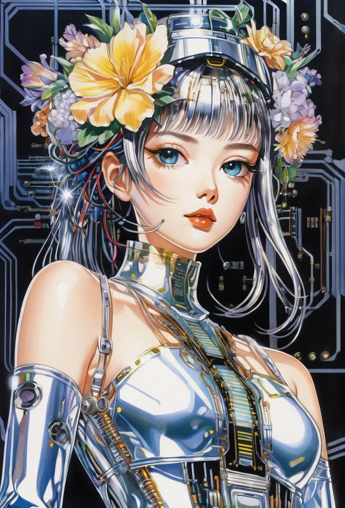 Portrait of beautiful lady with flower crown and electronic circuit dress , all with the style of Hajime Sorayama.