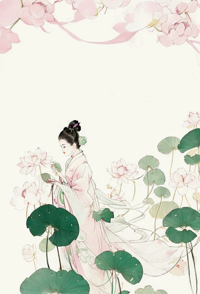 Ink and brushwork style,Lotus,Lotus Leaf,Pink and green color scheme,Simple lines,Hand Painted,HD details,White background,Painting on rice paper,HD 8k