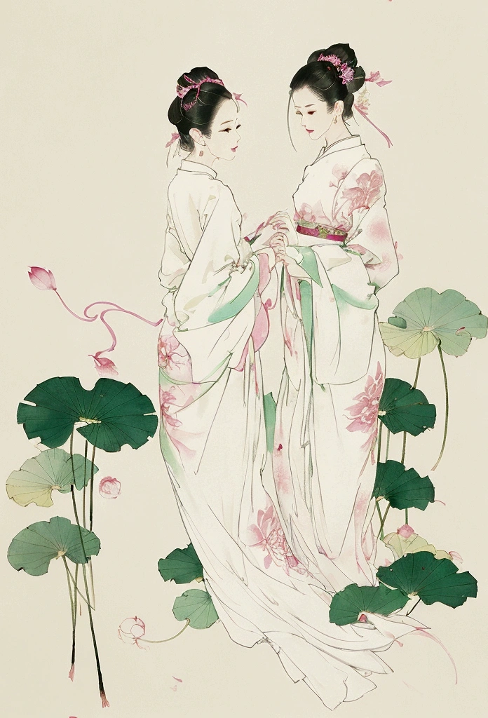 Ink and brushwork style,Lotus,Lotus Leaf,Pink and green color scheme,Simple lines,Hand Painted,HD details,White background,Painting on rice paper,HD 8k