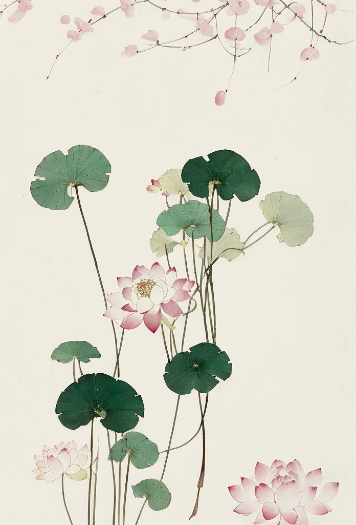 Ink and brushwork style,Lotus,Lotus Leaf,Pink and green color scheme,Simple lines,Hand Painted,HD details,White background,Painting on rice paper,HD 8k