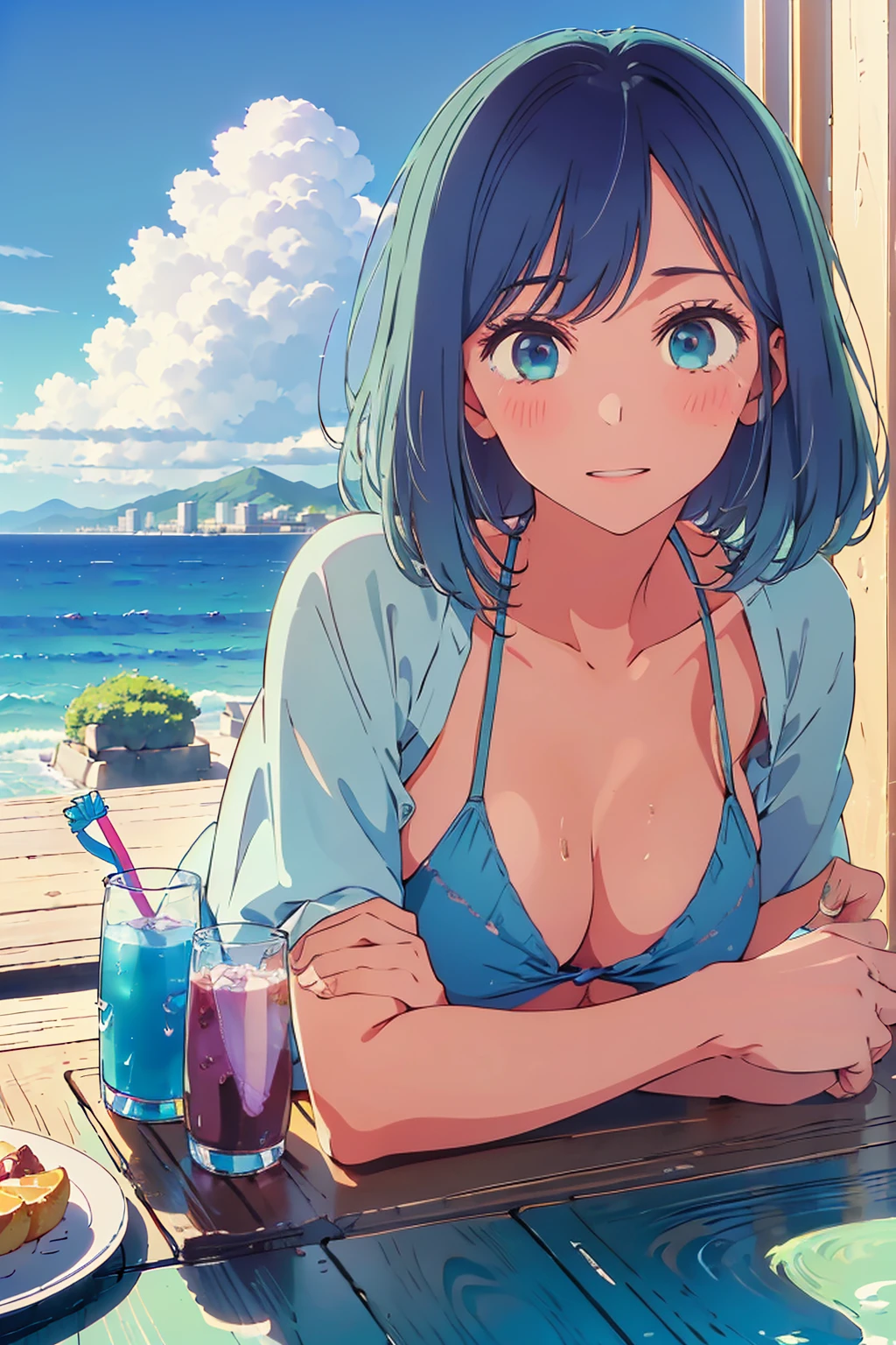 (Highest quality:1.4、masterpiece:1.4、Super detailed:1.4、8K:1.4)、F cup bust、Big Breasts、Slim body、((((1 person、Surprised expression、sit、In the background are the urban buildings of Tokyo、looking at the camera、Outdoor café terrace、coastal、Navy hair color、Shooting from an angle、Leaning against a wall、juice、table、Very cute face))))、((nude、Areola、bikini size too small))、Very blue sky、A completely cloudless sky、Big eyes、((((Shallow depth of field))))