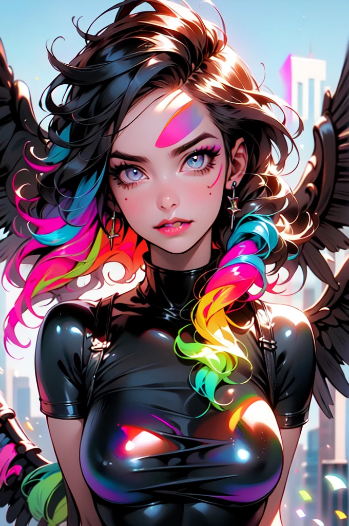 (Masterpiece:1.2), The best quality, (illustration:1.2), (add_detail:1),(ultra detailed), sexy, Eye focus, (Masterfully Crafted Glow, Pink lens flare), (cinematic background), hyper details, (delicate detail) , (intricate details), octane rendering, HDR, (hyper detailed:1.15), (soft light:1.2), 1girl, ,(cinematic masterpiece),(dynamic:1.2), big tits, Absolutely Bold Pops of Color, (Cinematic headlight),((Caustic)), Dynamic Angle, beautiful detailed shine, ambient-occlusion, ambient light, Ray Traced Reflections,((cinematiclight)), (suave:1.8), (Nephilim:1.2), , , sexy, splendid, perfect body, sexy eyes, sexy boca, Rainbow Paint Drops, outdoor, (cabello multicolor bioluminiscente:2),(bright Eyes),(sexy eyes y sexy boca), ((make-up)) ,halo, demon horns, Wing of the devil, wings on the back, half demon, demon ears, black wings, (Radiant aura), (Half Angel), sexy, seductive, Perfectly drawn hands, 4 fingers, 1 thumb, Realistic hand shape