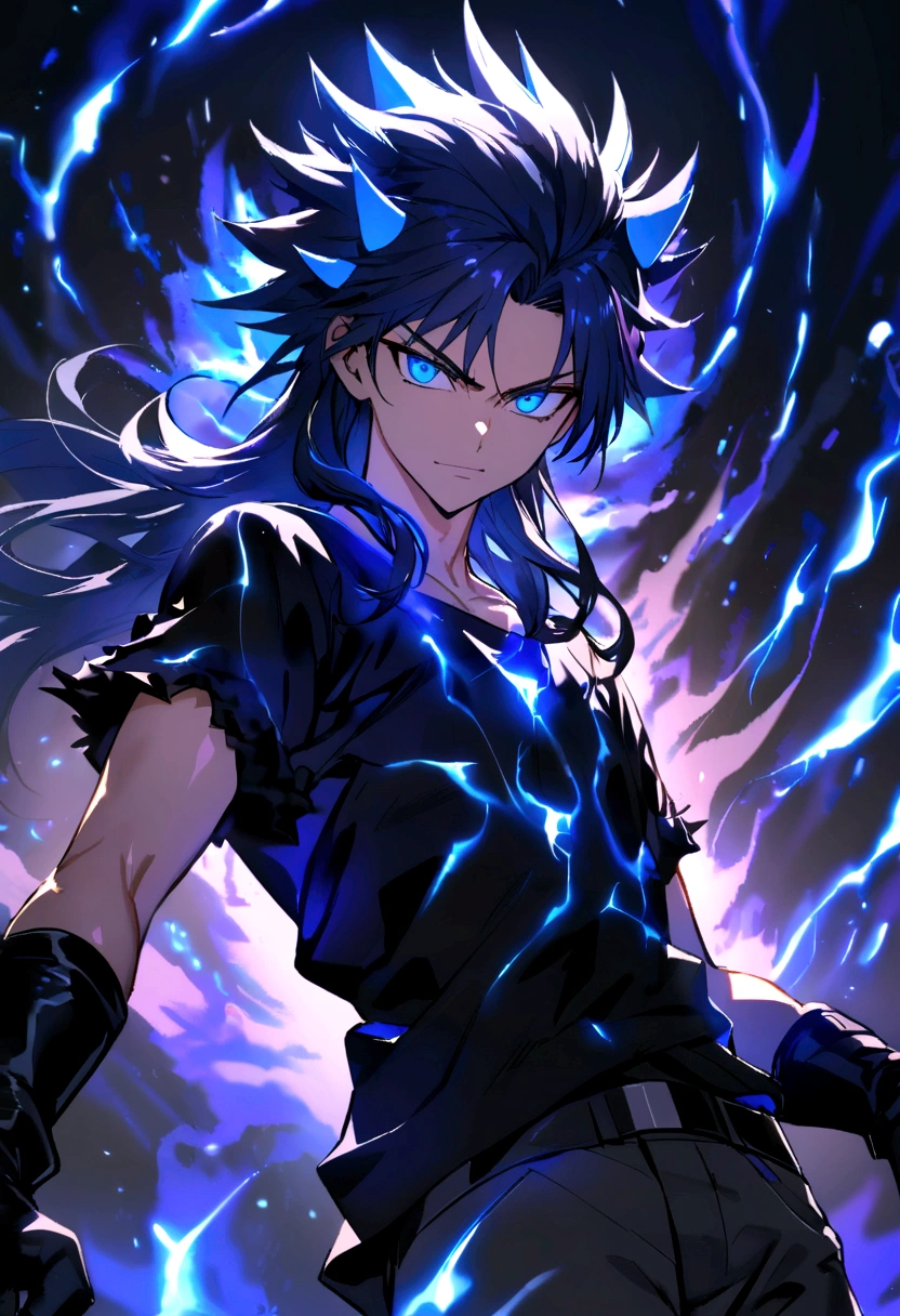 Teenage boy, raised spiky hair, long hair, shiny dark blue hair, serious face, Simple smile, bright dark blue eyes black loose ripped short sleeve shirt, black gloves, blue tattoos on the body, intense blue electric aura