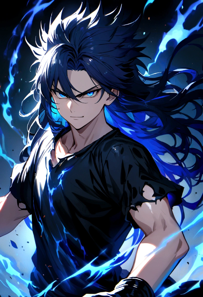  boy, raised spiky hair, long hair, shiny dark blue hair, serious face, Simple smile, bright dark blue eyes black loose ripped short sleeve shirt, black gloves, blue tattoos on the body, intense blue electric aura