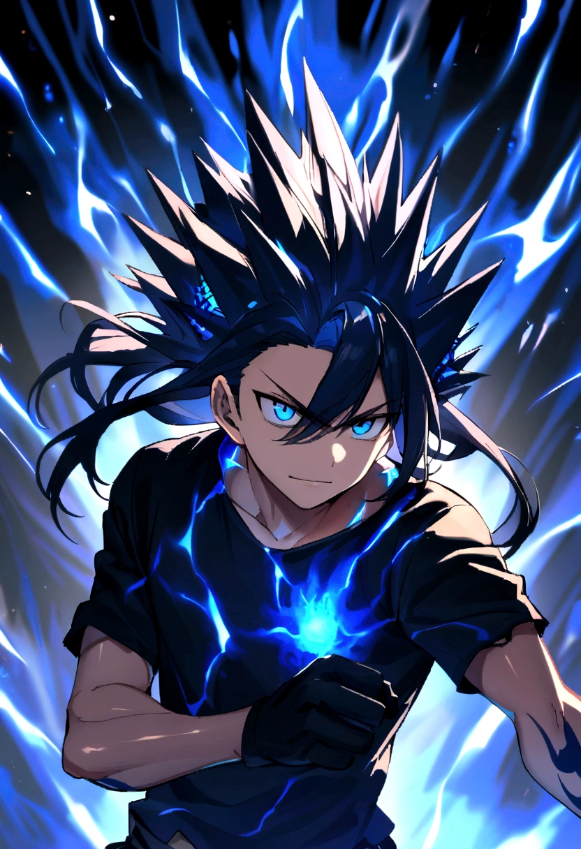 boy, raised spiky hair, long hair, shiny dark blue hair, serious face, Simple smile, bright dark blue eyes black loose ripped short sleeve shirt, black gloves, blue tattoos on the body, intense blue electric aura