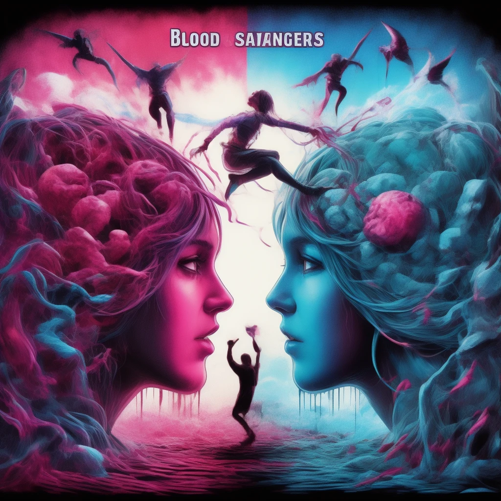 blood scavengers opposite world dream cyan magenta. A fight inside a broken mind. A splendid beautiful trans woman trying to emerge as the future in an astonishing panorama of end times.