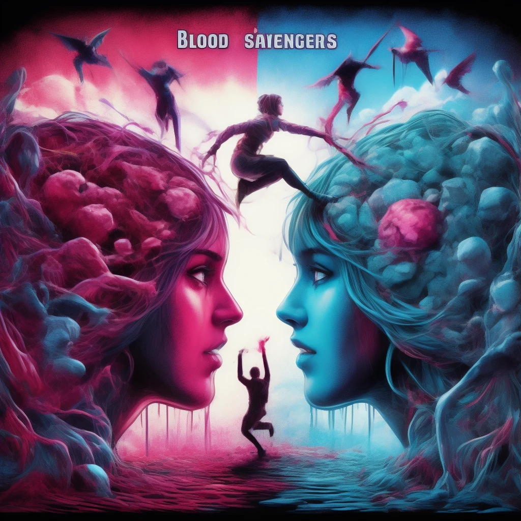 blood scavengers opposite world dream cyan magenta. A fight inside a broken mind. A splendid beautiful trans woman trying to emerge as the future in an astonishing panorama of end times.