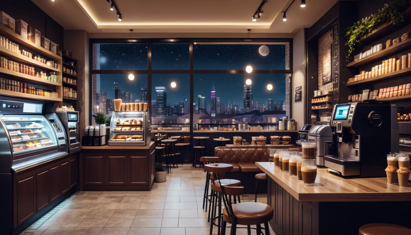 a cozy night time at a coffe interior with cozy lighting and sweets in the shelves. There are coffee cups in the tables. a cash machine and a coffee maker machine in the counter,There is a big window in the middle of the coffeeshop and the outside view is the city at night