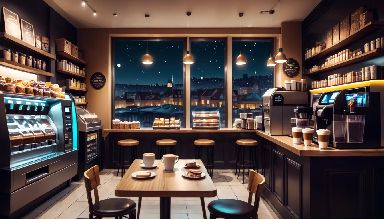 a cozy night time at a coffe interior with cozy lighting and sweets in the shelves. There are coffee cups in the tables. a cash machine and a coffee maker machine in the counter,There is a big window in the middle of the coffeeshop and the outside view is the city at night