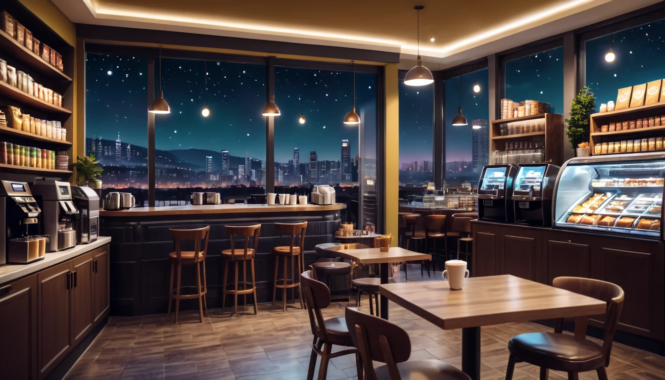 a cozy night time at a coffe interior with cozy lighting and sweets in the shelves. There are coffee cups in the tables. a cash machine and a coffee maker machine in the counter,There is a big window in the middle of the coffeeshop and the outside view is the city at night