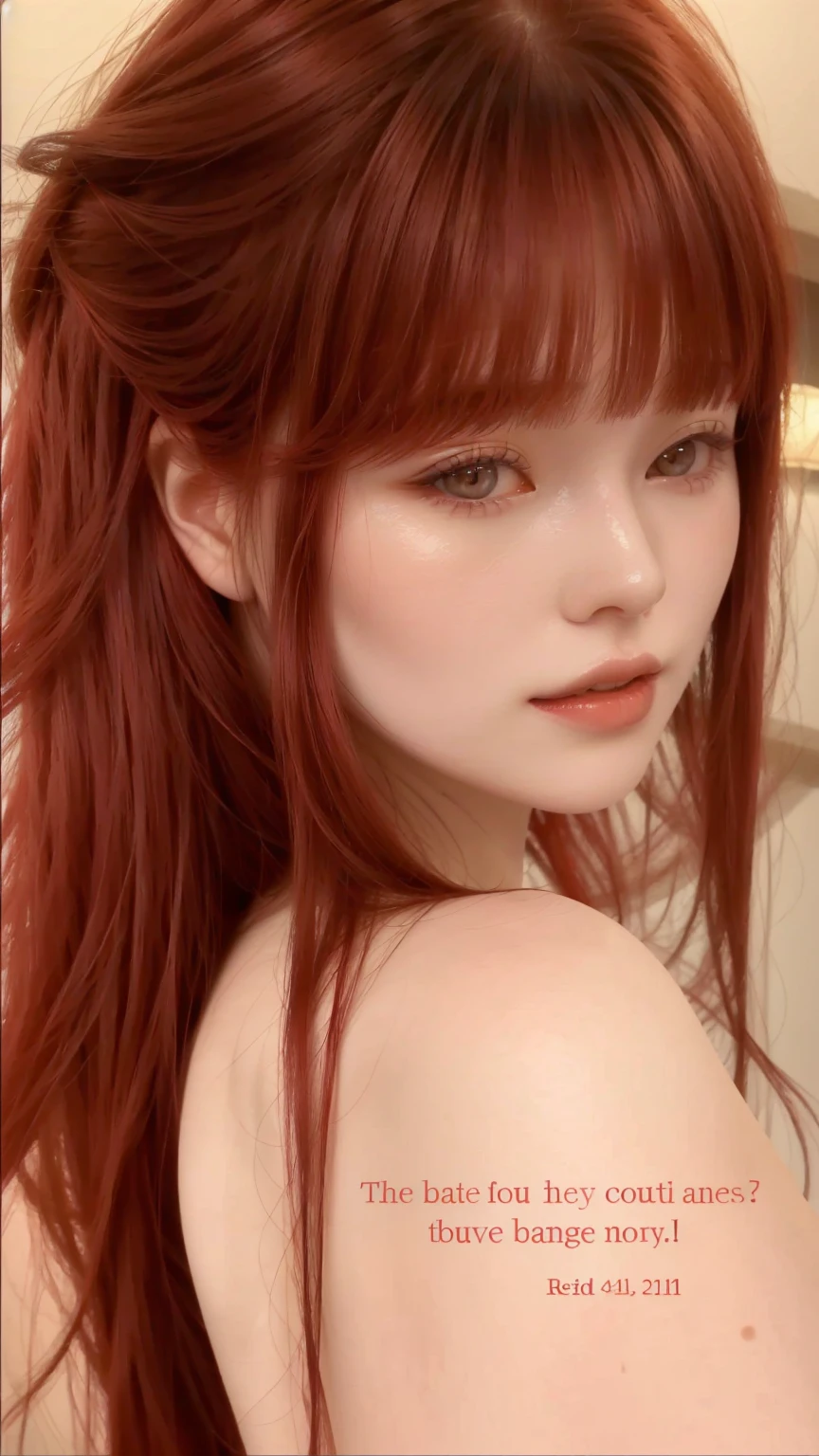 there is a red-haired Korean woman posing for a photo, brown hair and bangs, smooth red skin, pale red, fair and pale skin!!, neat hair with bangs, smooth and pale skin, Beautiful Delfina, with pale skin, pale and soft white skin, Red head, soft red hair, Cheeks red, smooth, pale, flawless skin, pale and glowing skin