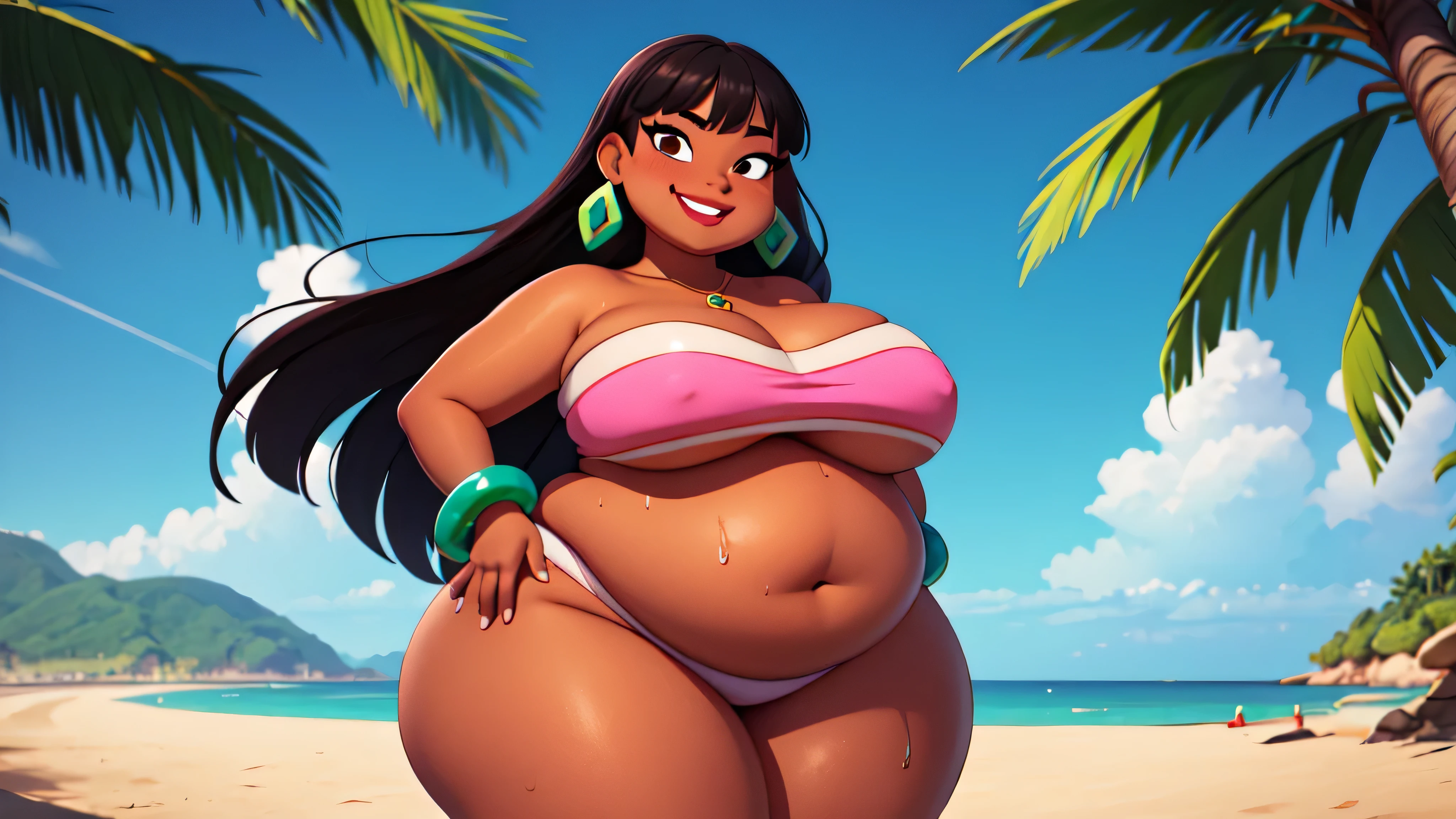 (work of art:1.2, best qualityer:1.2), SSBBW, Giant breasts, thunder thighs, soft ambient lighting, perfect lighting, 1 girl, standing alone, Chel, Bblack hair, long hair, rhombus stripe, eyes browns, darkskin, lipstick, breasts big, Broad Hips, top of the tube, neckleace, bared shoulders, emerald earrings, emerald bracelets, looking at the camera with a smug expression on his face, beach background, very large body, fat belly rolls, big breasts, sexy smile, fat arms, thunder thighs, super fat, looking at viewer, wet clothes, sweating very hard, sexy looking, blob