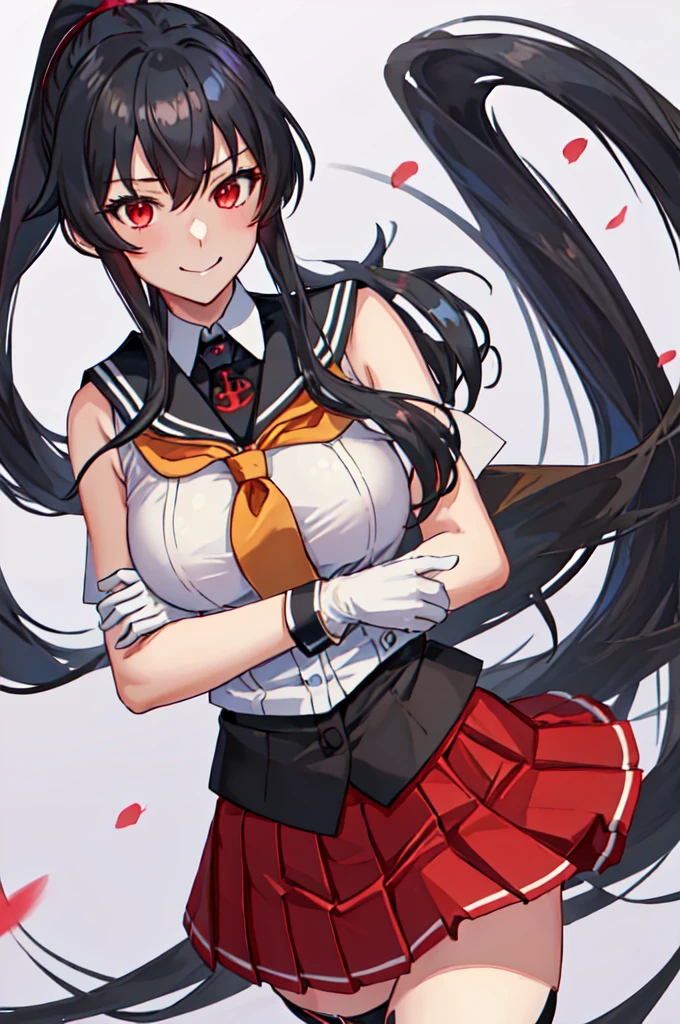 best quality, masterpiece, highres, solo, {yahagi_kantaicollection:1.15}, long_hair, black_hair, ponytail, red_eyes, sidelocks, breasts, hair_between_eyes, large_breasts, 1girl, anchor_symbol, gloves, looking_at_viewer, pleated_skirt, red_skirt, sailor_collar, school_uniform, serafuku, shirt, skirt, sleeveless, sleeveless_shirt, smile, white_gloves, black_sailor_collar, necktie