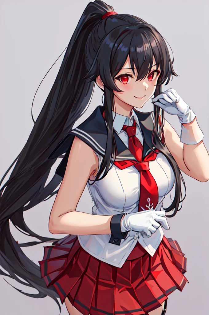 best quality, masterpiece, highres, solo, {yahagi_kantaicollection:1.15}, long_hair, black_hair, ponytail, red_eyes, sidelocks, breasts, hair_between_eyes, large_breasts, 1girl, anchor_symbol, gloves, looking_at_viewer, pleated_skirt, red_skirt, sailor_collar, school_uniform, serafuku, shirt, skirt, sleeveless, sleeveless_shirt, smile, white_gloves, black_sailor_collar, necktie