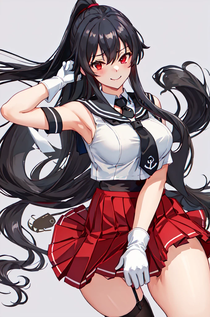 best quality, masterpiece, highres, solo, {yahagi_kantaicollection:1.15}, long_hair, black_hair, ponytail, red_eyes, sidelocks, breasts, hair_between_eyes, large_breasts, 1girl, anchor_symbol, gloves, looking_at_viewer, pleated_skirt, red_skirt, sailor_collar, school_uniform, serafuku, shirt, skirt, sleeveless, sleeveless_shirt, smile, white_gloves, black_sailor_collar, necktie