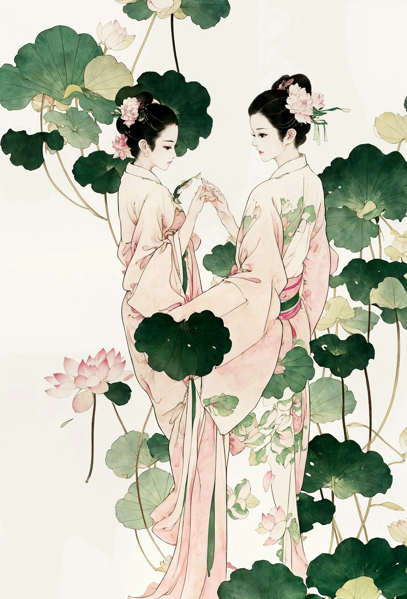 Ink and brushwork style，Lotus，Lotus Leaf，Pink and green color scheme，Simple lines，Hand Painted，HD details，White background，Painting on rice paper，HD 8k