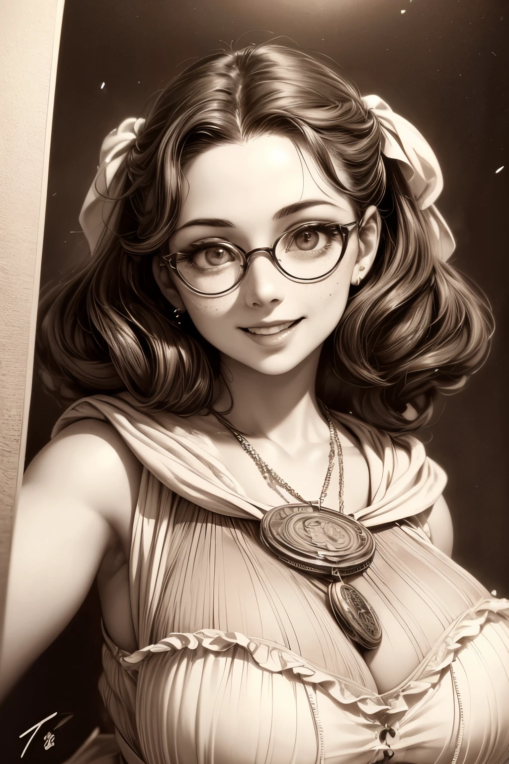 (masterpiece), best quality, expressive eyes, perfect face, Artwork, best quality, ultra-detailed, 1lady, long hair, 1930s vintage photography, monochrome dress, vintage color palette, ((curly hair)), dress with ruffles, smiling smile, freckles on face, ((old photo effect)), large breasts, ((sepia effect)), breasts larger than head, ((portrait in a medallion)), ((locket)), ((pic in locket)), ((portrait in round medallion)), photography of a lady in a locket, signature at the bottom of the photo, Initials T.J in signature, round glasses, provocative cleavage, face profile photography, lipstick in pic, shining eyes, laughing laugh, laughing, ((mold particles around the edges of the photograph)), laughing with your mouth open, flowers in hair, ((signatured photography)), huge breasts, large breasts, gigantic breasts, fleshy mouth lips, ((mold particles)), ((1milf)), ((mature female)), mature face, old woman, ((volumous hair))