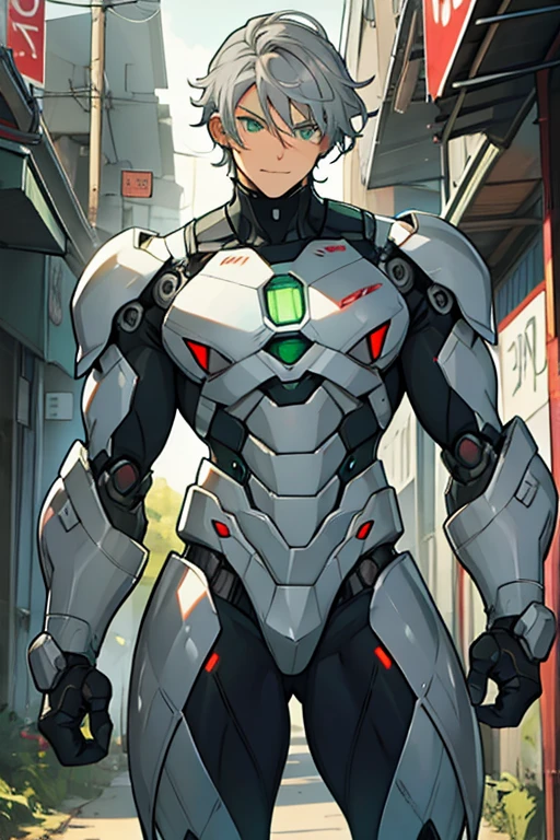 robot man, Grey hair, con hair clips, green eyes, cheerful, nude NSFW gay