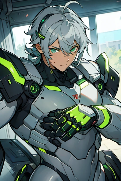 robot man, Grey hair, con hair clips, green eyes, cheerful, nude NSFW gay 