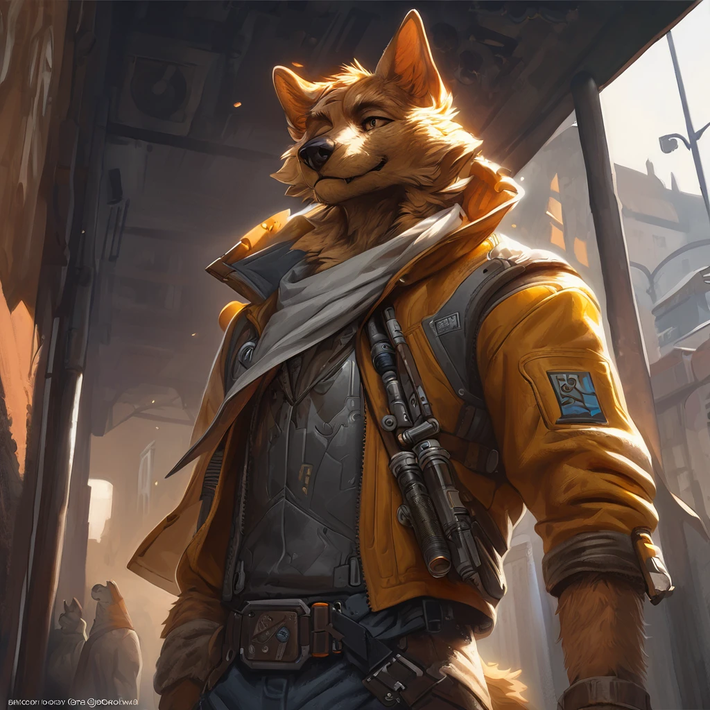 cover page, highres, top quality, best quality, paid reward available, unparalleled masterpiece, perfect artwork, absurdres, High-quality illustrations by Johannes Vermeer, Dark_Fantasy, Cyberpunk, steam punk(super handsome boy, single, kemono)Mechanical marvel, Robotic presence, Cybernetic guardian, wearing a worn-out mech suit, intricate(steel metal, rusty)(furry anthro:1.7)(Furry body, dog facial features, dog body features)elegant, clear focus, shot by greg rutkowski, soft lighting, vibrant colors, masterpiece((street))cowboy shot, dynamic angle,