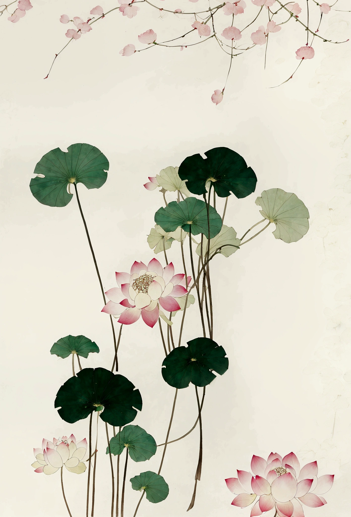 Ink and brushwork style，Lotus，Lotus Leaf，Pink and green color scheme，Simple lines，Hand Painted，HD details，White background，Painting on rice paper，HD 8k