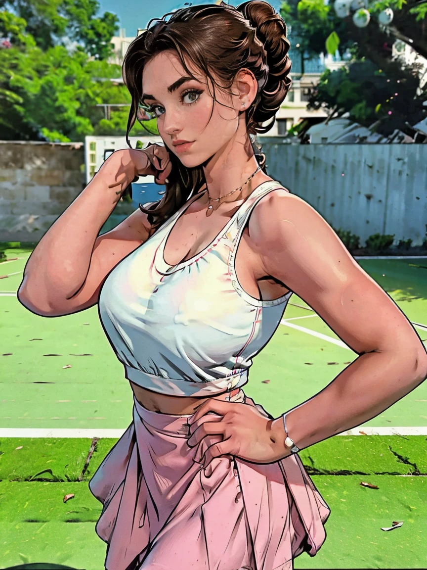 Extremely busty thin and toned brunette photographer, college girl, fair skin, loose updo, soft face, athletic, white tank top, pink skirt. detailed background, tennis court.