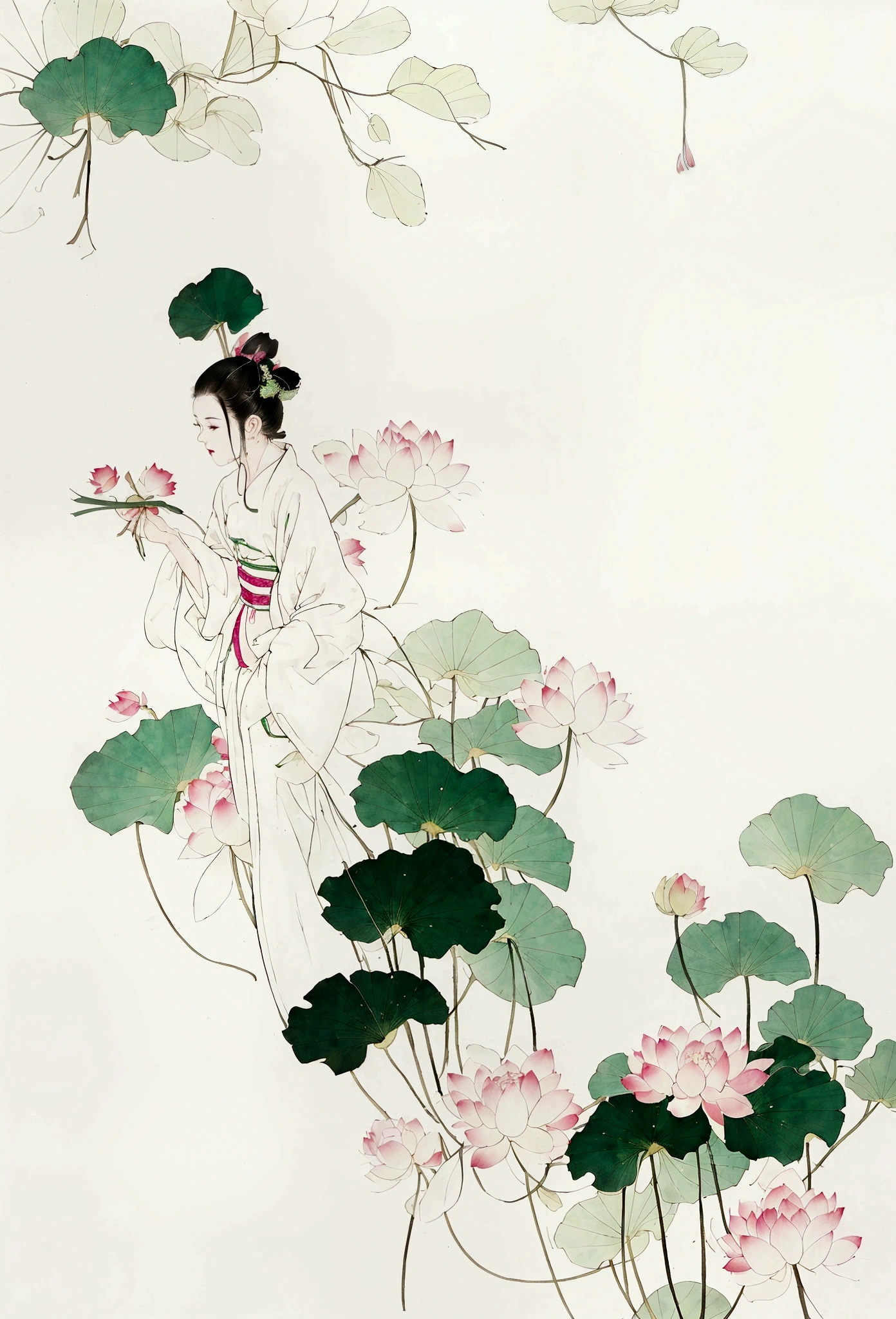 Ink and brushwork style，Lotus，Lotus Leaf，Pink and green color scheme，Simple lines，Hand Painted，HD details，White background，Painting on rice paper，HD 8k