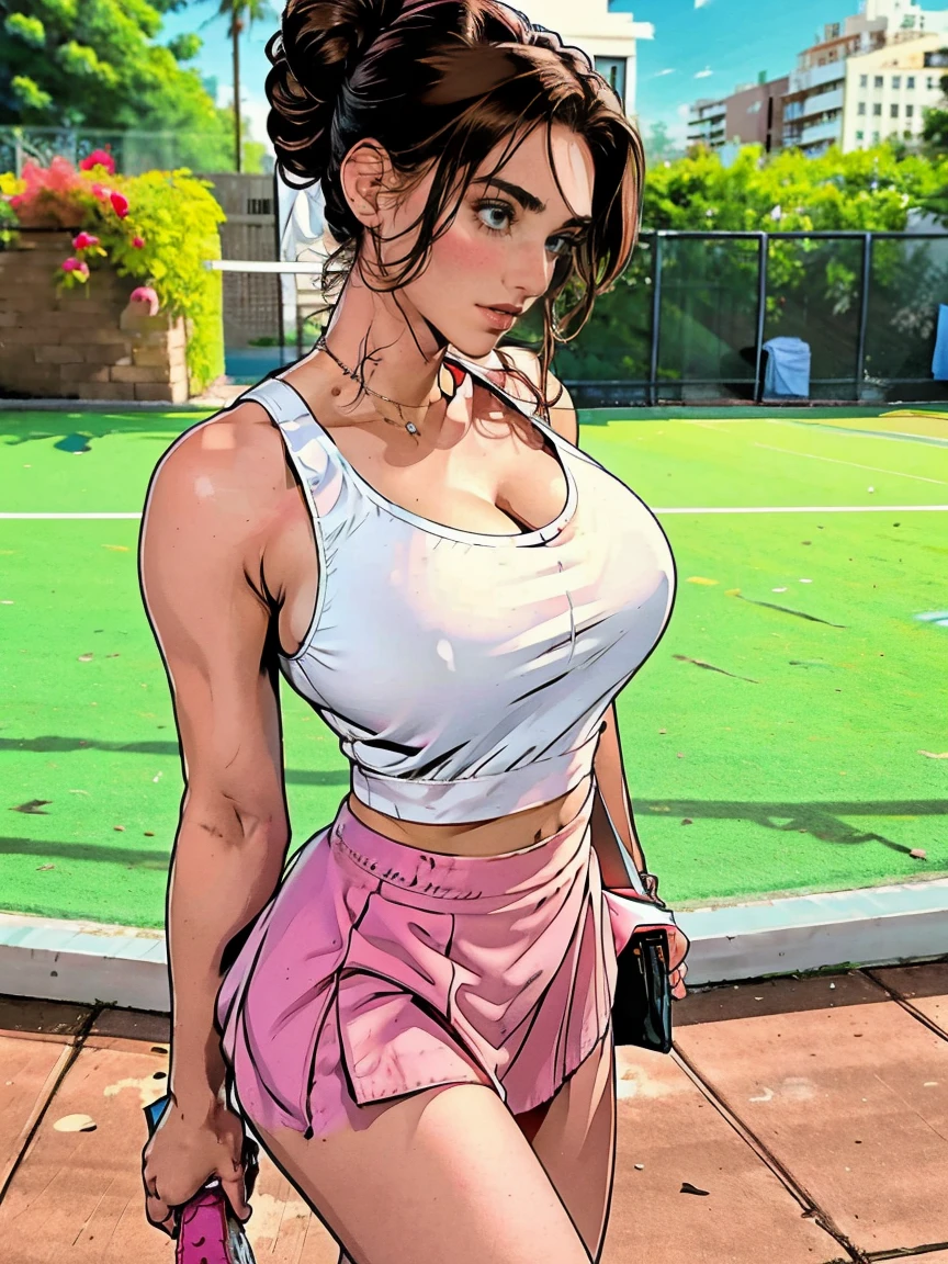 Extremely busty thin and toned brunette photographer, college girl, fair skin, loose updo, soft face, athletic, white tank top, pink skirt. detailed background, tennis court.