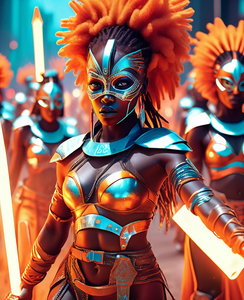 an army of African female warriors wearing masks and african designed costumes, holding futuristic glowing spears, fighting police in an orange tear gas smoke covered dystopian city, revolutionary art concept, light shining from the futuristic glowing spears providing an orange teal cinematic colour grading, 32k, ultra HD