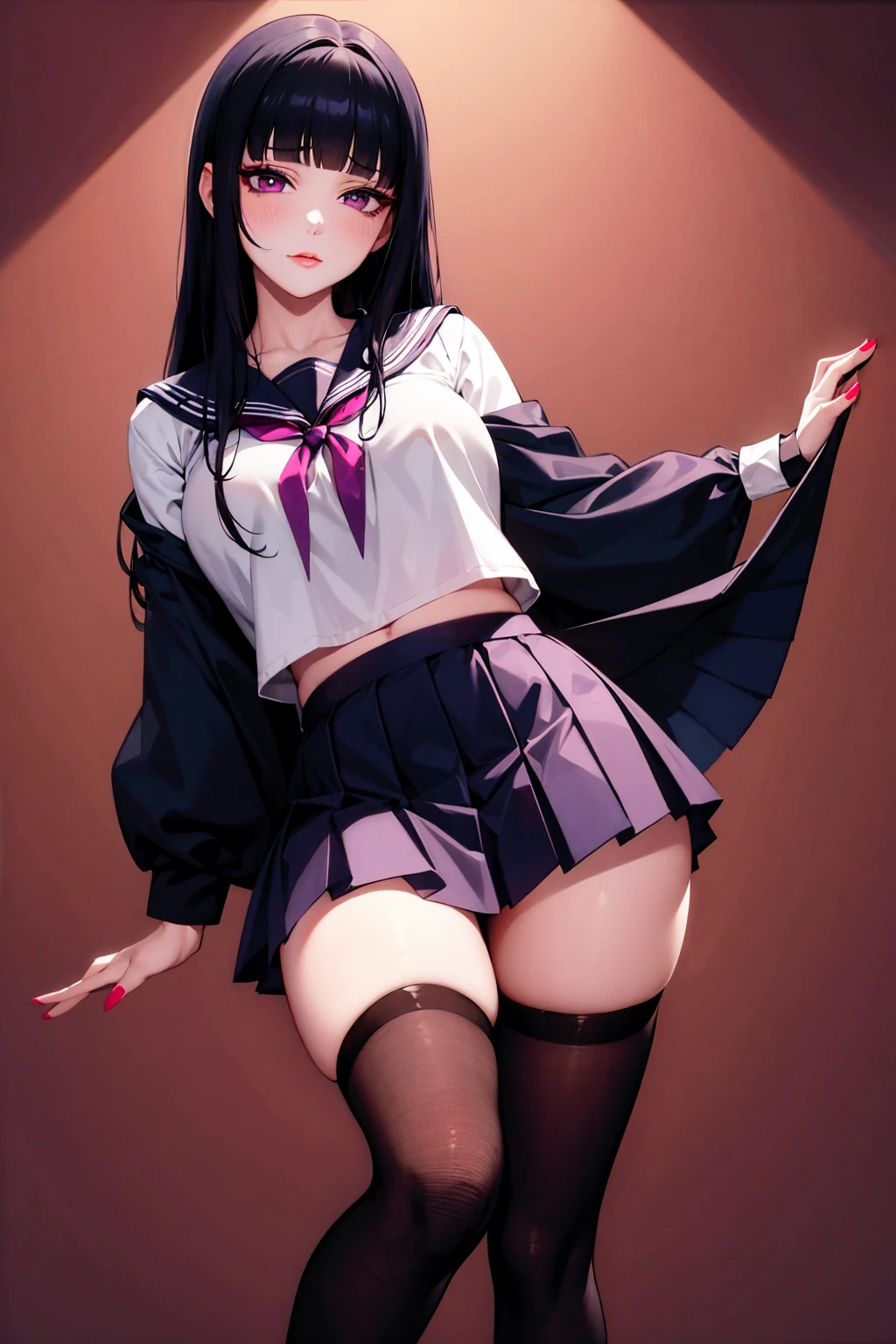 1woman, droopy eyes, eyeshadow, (eyelashes), violet eyes, blunt bangs, longhair, lip, pale skin, sailor uniform, pleated skirt, over knee stocking, zettai ryoiki, nsfw