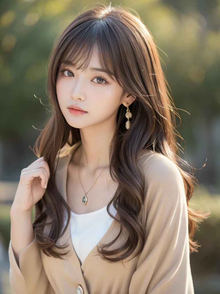  ((Highest quality, 8K, masterpiece:1.3)), concentrate: 1.2, Perfect body beauty: 1.4, Hips: 1.2, ((Long Hair, chest: 1.2)), (Dry clothes: 1.1) , (clear, Simple Background:1.3), Simple clothes: 1.1, Highly detailed face and skin texture,Delicate eyes, double eyelid, Whitened skin, Rough skin、Long Hair、Earrings with bangs、necklace、 solo、Beige coat、White shirt,  (((Beautiful girl with cute Japan)))、  ((Beautiful Japanese girl 20 years old))、 ((Baby Face))、 (((Slender body)))、  Upper Body，Face focus、necklace，Simple Background，From above， Realistic Hair、 A photograph was taken:Canon EOS R6、135mm、1/1250 seconds、f2.8、ISO400、(Detailed explanation of the hand)、(Masseter muscle area)、(Exquisite CG)、Long Hair, loose and curly hair、Korean Hair、Long Hair明るいベージュ色、グラデーションハイライトグレージュのゆるふわLong Hairスタイル、