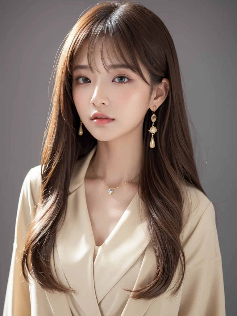 ((Highest quality, 8K, masterpiece:1.3)), concentrate: 1.2, Perfect body beauty: 1.4, Hips: 1.2, ((Long Hair, chest: 1.2)), (Dry clothes: 1.1) , (clear, Simple Background:1.3), Simple clothes: 1.1, Highly detailed face and skin texture,Delicate eyes, double eyelid, Whitened skin, Rough skin、Long Hair、Earrings with bangs、necklace、 solo、Beige coat、White shirt, (((Beautiful girl with cute Japan)))、 ((Beautiful Japanese girl 20 years old))、 (())、 (((Slender body)))、 Upper Body,Face focus、necklace,Simple Background,From above, Realistic Hair、 A photograph was taken:Canon EOS R6、135mm、1/1250 seconds、f2.8、ISO400、(Detailed explanation of the hand)、(Masseter muscle area)、(Exquisite CG)、Long Hair, loose and curly hair、Korean Hair、Long Hair明るいベージュ色、グラデーションハイライトグレージュのゆるふわLong Hairスタイル、