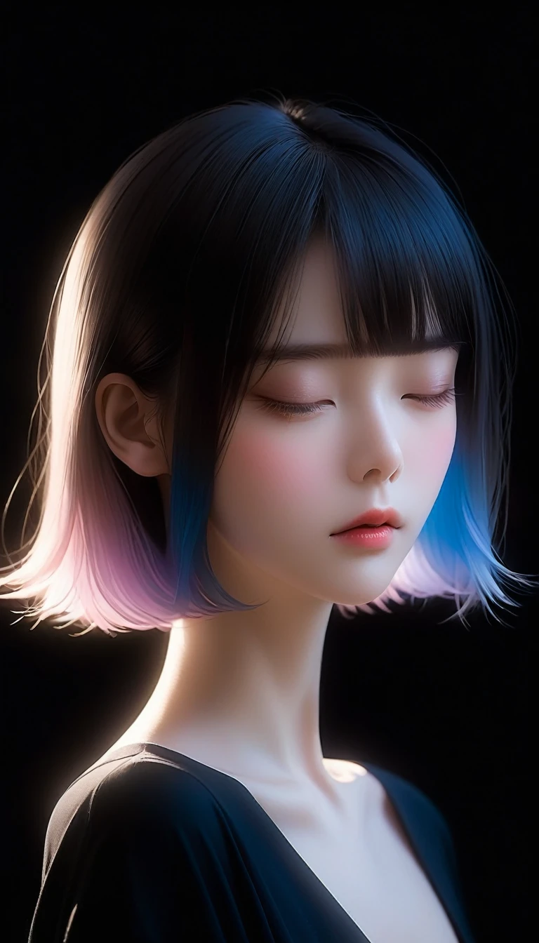 Japanese women、Bob Hair、Matte texture、顔のIlluminationライン、simple、Minimalism、beautiful girl、Soft and elegant colors、Dark Background、Illumination。