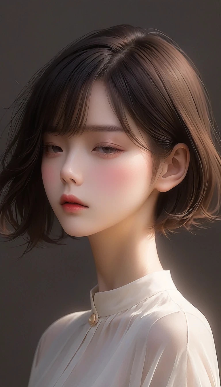 Japanese women、Bob Hair、Matte texture、顔のIlluminationライン、simple、Minimalism、beautiful girl、Soft and elegant colors、Dark Background、Illumination。