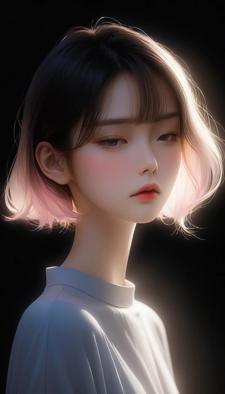 Japanese women、Bob Hair、Matte texture、顔のIlluminationライン、simple、Minimalism、beautiful girl、Soft and elegant colors、Dark Background、Illumination。